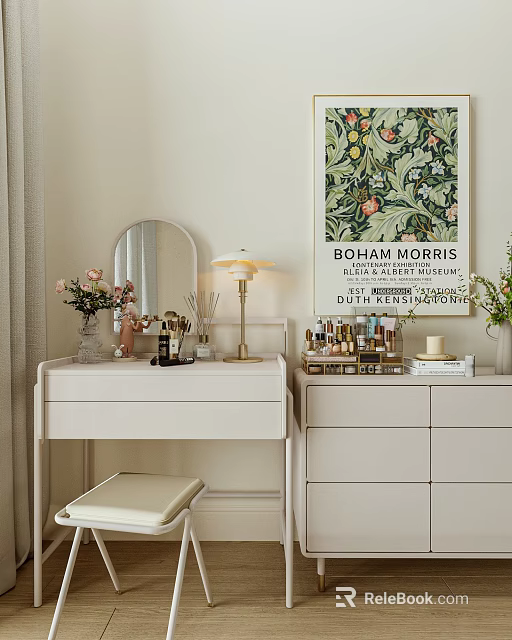 Stylish White Dressing Table with Oval Mirror Gold Lamp Cosmetics and Botanical Print 3d model 