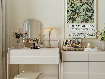 Stylish White Dressing Table with Oval Mirror Gold Lamp Cosmetics and Botanical Print 3d model