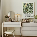 Stylish White Dressing Table with Oval Mirror Gold Lamp Cosmetics and Botanical Print