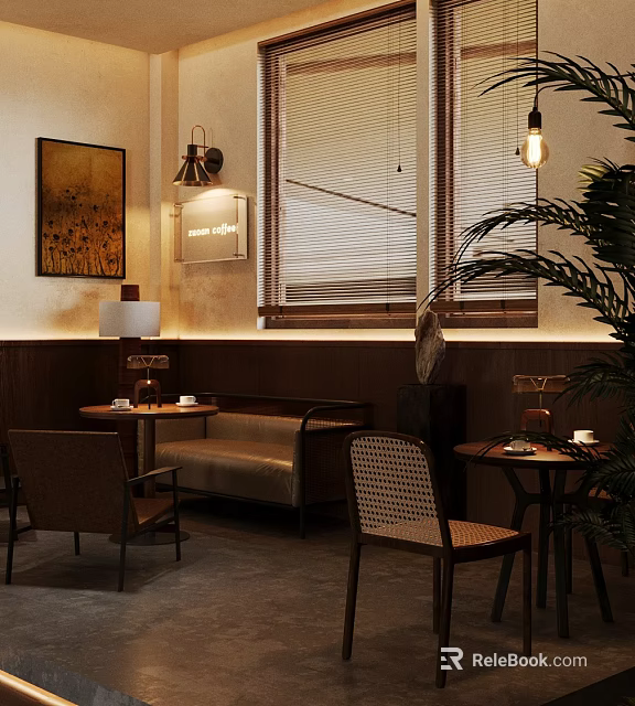 Cozy Café Interior With Brown Walls Wooden Furniture Sofa Tables Pendant Lights Painting And Plant 3d model 