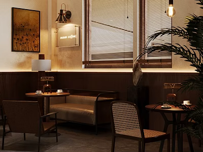 Cozy Café Interior With Brown Walls Wooden Furniture Sofa Tables Pendant Lights Painting And Plant 3d model
