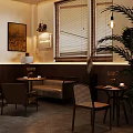 Cozy Café Interior With Brown Walls Wooden Furniture Sofa Tables Pendant Lights Painting And Plant