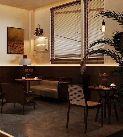 Cozy Café Interior With Brown Walls Wooden Furniture Sofa Tables Pendant Lights Painting And Plant 3d model