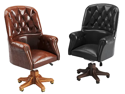 Brown and Black Leather Tufted Office Chair with Rolled Arms Wooden Base and Wheels 3d model