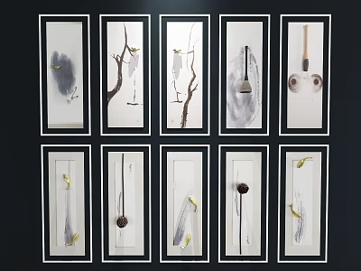 Ten Black Framed Artworks Featuring Branches Feathers And Leaves 3d model