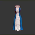 Elegant Blue and White Sleeveless Dress with High Neck and Yellow Belt
