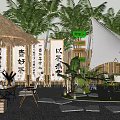 Traditional Courtyard Garden Design With Bamboo Screens Calligraphy Banners Lanterns And Greenery