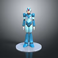 Detailed Blue And White Armored Game Movie Character With Red Head Standing On White Base