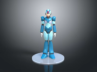 Detailed Blue And White Armored Game Movie Character With Red Head Standing On White Base 3d model