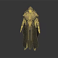 Mystical Fantasy Character In Black Robe With Pointed Hood Golden Accents Intricate Metallic Armor Details