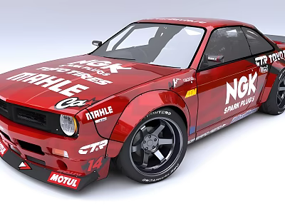 Red Racing Car Featuring Sponsor Logos Modified Exterior And Sporty Wheels 3d model
