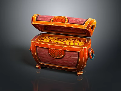 Open Wooden Storage Chest Filled With Gold Coins Red Orange Decorative Patterns And Metal Clasps 3d model