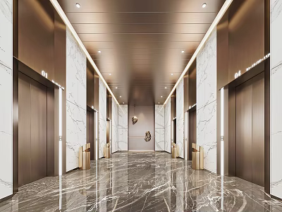 Luxurious Elevator Lobby With Marble Walls Floors Bronze Doors And Ceiling Lights 3d model