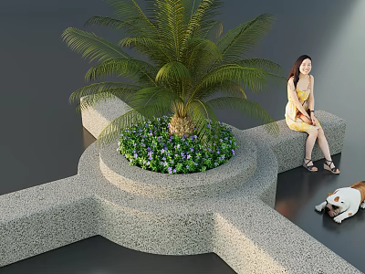 Relaxing Outdoor Stone Chair With Palm Tree Green Plants Woman And Dog 3d model