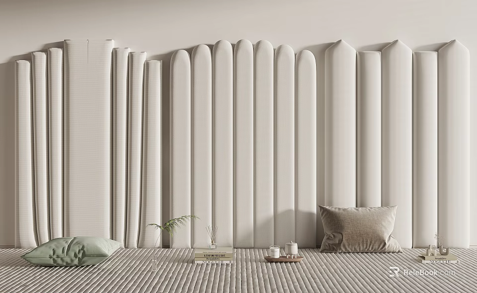 Soft Upholstered Wall Panels in Modern Bedroom with Bed Pillows and Green Plant 3d model 