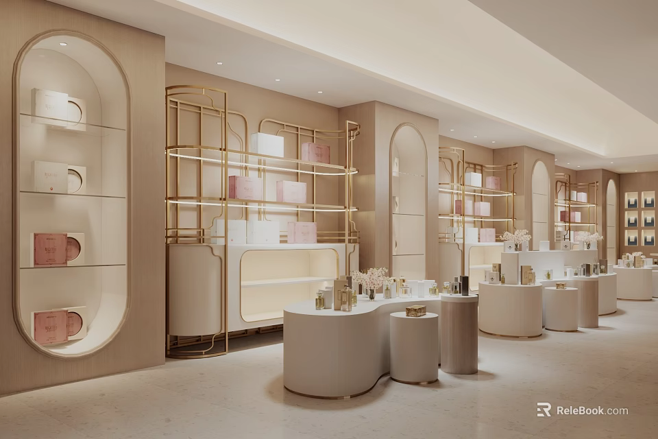 Elegant Modern Boutique Interior With Gold Metal Shelves And Round Counters Displaying Products 3d model 