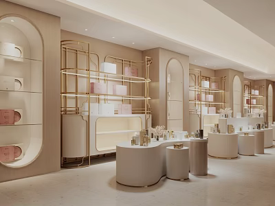 Elegant Modern Boutique Interior With Gold Metal Shelves And Round Counters Displaying Products 3d model