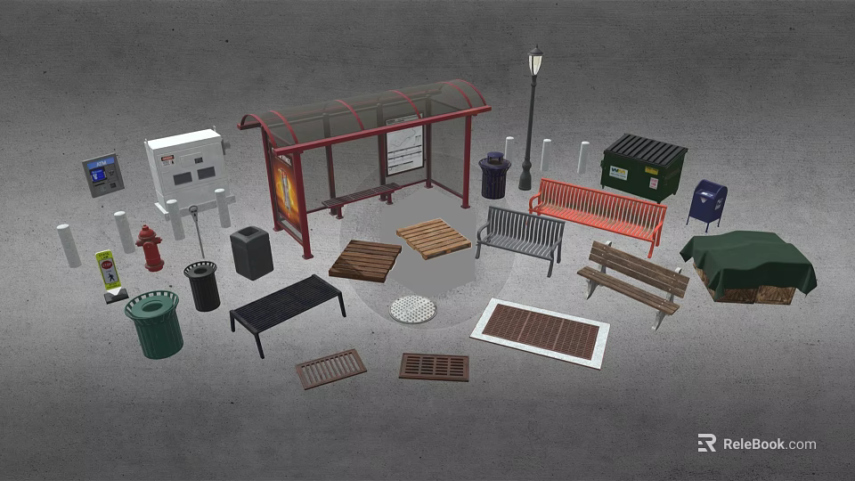 Urban Street Scene Components With Bus Shelter Benches Trash Bins And Street Lamp 3d model 