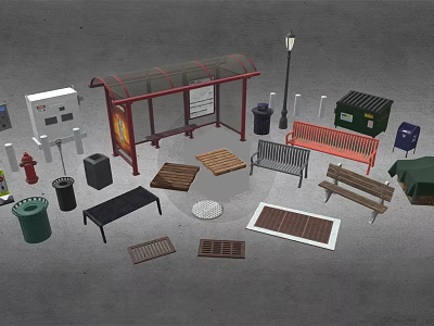 Urban Street Scene Components With Bus Shelter Benches Trash Bins And Street Lamp 3d model