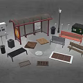 Urban Street Scene Components With Bus Shelter Benches Trash Bins And Street Lamp