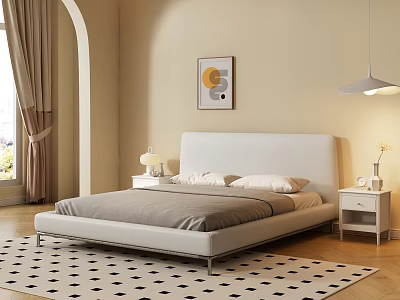 Simple Bedroom Double Bed Cream Wind Double Bed Carpet Bedside Table Chandelier 3d model