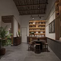 Traditional Restaurant Interior With Wooden Lattice Ceiling And Cozy Dining Area Tables Chairs Hanging Lights