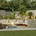 Modern Courtyard Garden With Outdoor Sofa Fire Pit Large Tree Stone Wall And Greenery