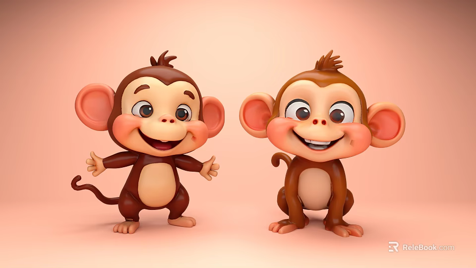Cute Cartoon Lizards With Brown Bodies And Pink Ears On Pink Background 3d model 