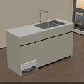 Modern Washbasin Vanity with White Countertop Faucet and Storage Cabinets Near Window City Skyline View