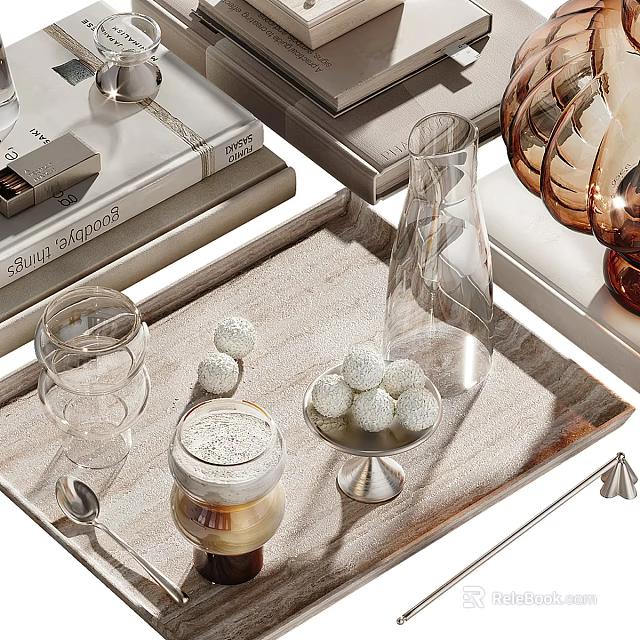 Decorative Ornament Set With Tray Glass Cups Candy Bowl And Vase For Tabletop 3d model 