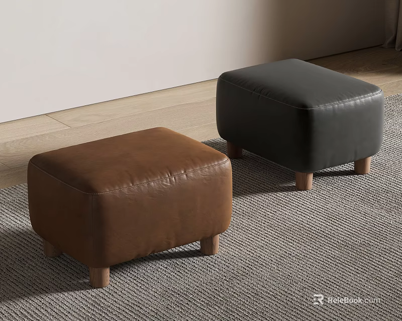 Brown And Black Leather Ottomans With Wooden Legs On Carpet In Living Room 3d model 