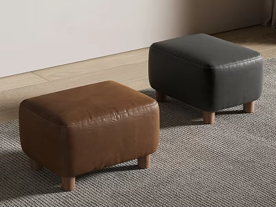 Brown And Black Leather Ottomans With Wooden Legs On Carpet In Living Room 3d model
