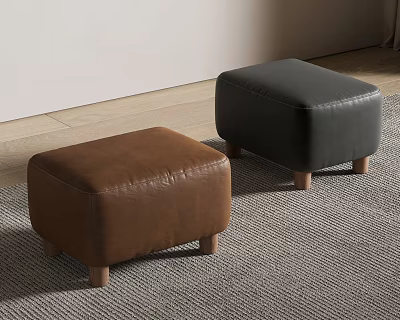 Brown And Black Leather Ottomans With Wooden Legs On Carpet In Living Room 3d model