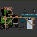 Woodworking Equipment Setup With Green Grinder Blue Lathe And Wooden Workbench With Logs Tools