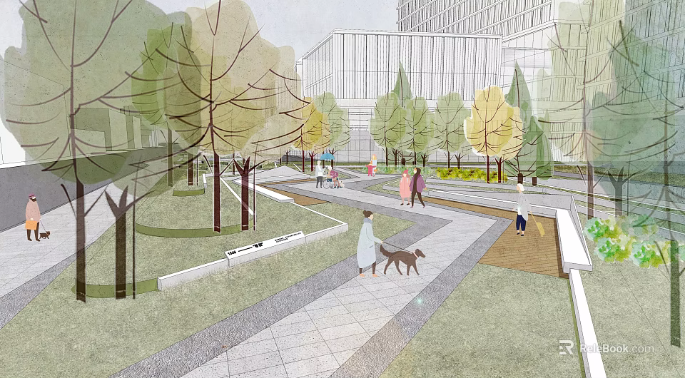 Scenic Urban Park Landscape With Leafy Trees Stone Walkway People Walking And Dogs 3d model 