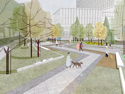 Scenic Urban Park Landscape With Leafy Trees Stone Walkway People Walking And Dogs 3d model