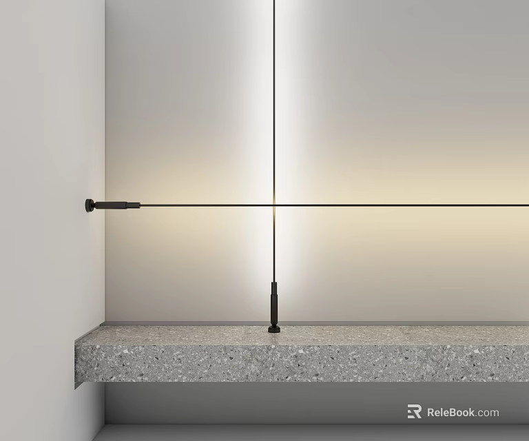 Modern Sleek Wall Lamp With Black Finish And Warm Light Above Stone Shelf 3d model 