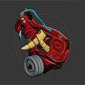 Red Mechanical Monster Toy With Glowing Blue Accents Gold Horns And Wheels