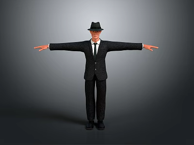 Male Character in Black Suit and Hat Standing with Arms Outstretched on Gray Background 3d model