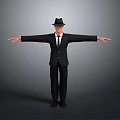 Male Character in Black Suit and Hat Standing with Arms Outstretched on Gray Background