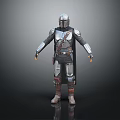Helmeted Armored Warrior Standing With Small Green Alien Creature Companion