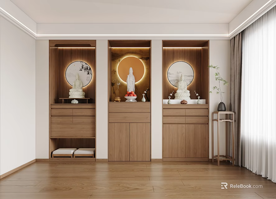 Modern Wooden Buddhist Shrine Cabinet With Triple Sections Buddha Statues And Warm Circular Lighting 3d model 