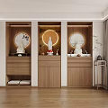 Modern Wooden Buddhist Shrine Cabinet With Triple Sections Buddha Statues And Warm Circular Lighting