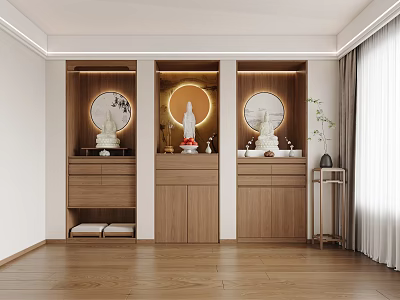 Modern Wooden Buddhist Shrine Cabinet With Triple Sections Buddha Statues And Warm Circular Lighting 3d model