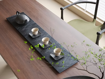 Natural Tea Set with Black Teapot Three Teacups Saucers on Wooden Table and Green Plant 3d model