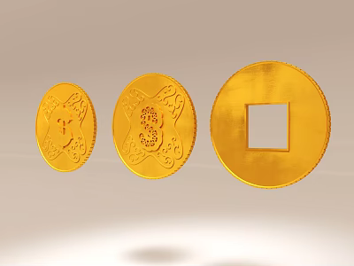 Three Pieces Of Gold Ornamental Jewelry With Round Shape Engraved Patterns And Square Hole 3d model