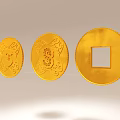 Three Pieces Of Gold Ornamental Jewelry With Round Shape Engraved Patterns And Square Hole