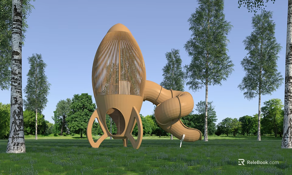 Wooden Rocket Shaped Playground Equipment With Spiral Slide In Outdoor Grassy Area With Trees 3d model 