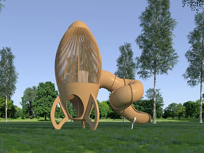 Wooden Rocket Shaped Playground Equipment With Spiral Slide In Outdoor Grassy Area With Trees 3d model