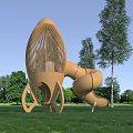 Wooden Rocket Shaped Playground Equipment With Spiral Slide In Outdoor Grassy Area With Trees